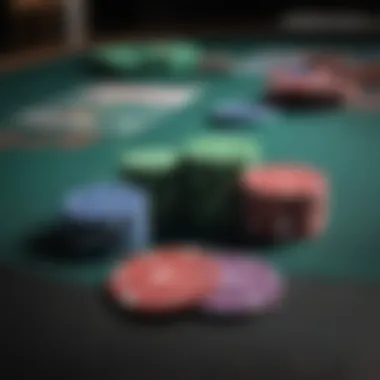 A close-up of poker chips and cards laid out on a table, representing strategy and competition