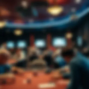 A serene atmosphere showcasing a bustling poker room filled with players