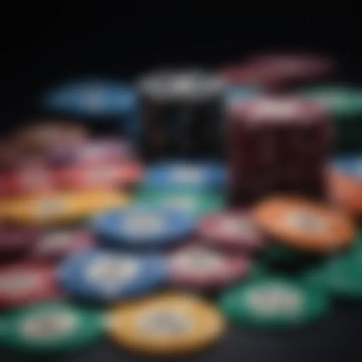 Close-up view of colorful poker chips showing different denominations