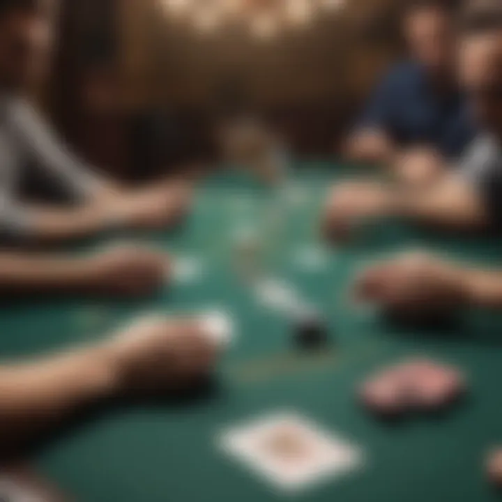 A player analyzing their cards at a Texas Hold'em table.