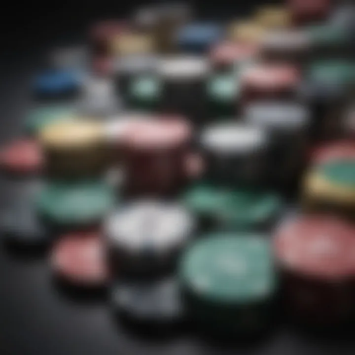 A close-up of poker chips piled on a table.