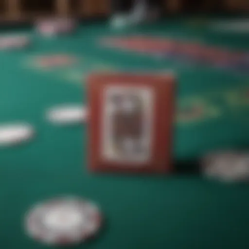 Close-up view of a blackjack table setup with cards and chips