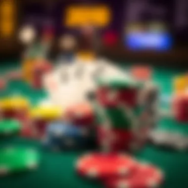 A close-up of colorful betting chips and cards