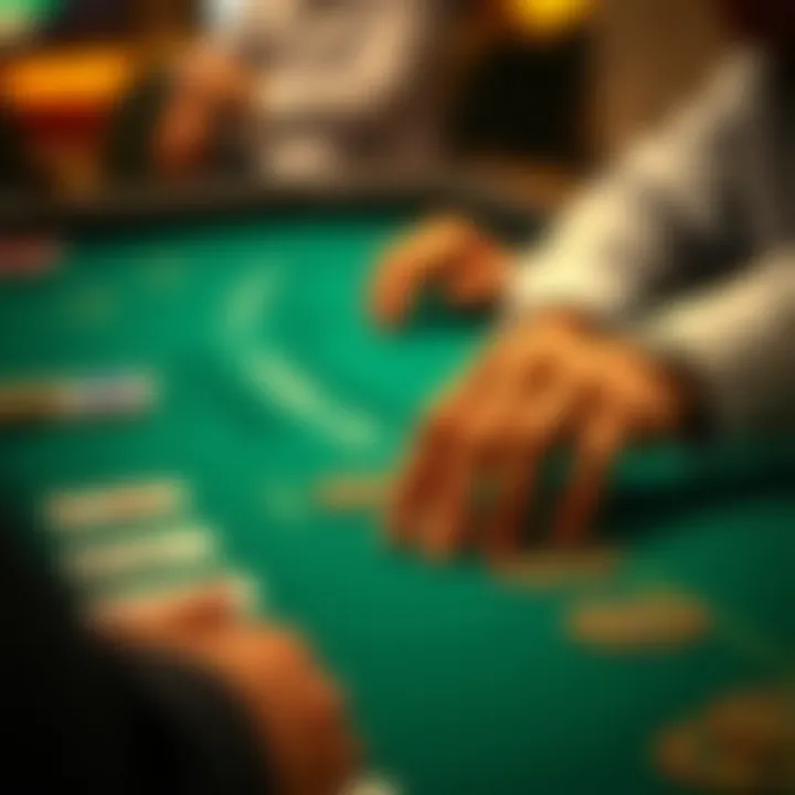 A pair of hands strategizing over a blackjack table