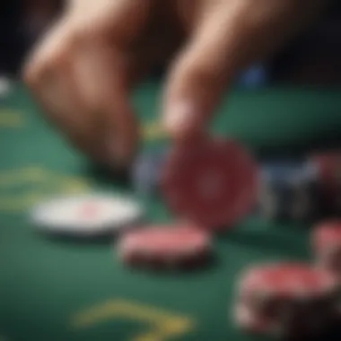 Close-up of poker chips and cards in a high-stakes game.