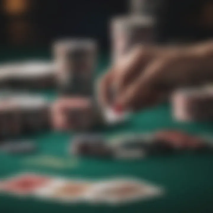 Close-up of poker chips and playing cards in action