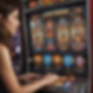 User engaging with an interactive slot machine display