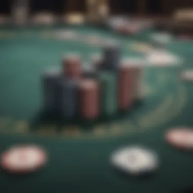 A close-up of poker chips and cards arranged on a gaming table