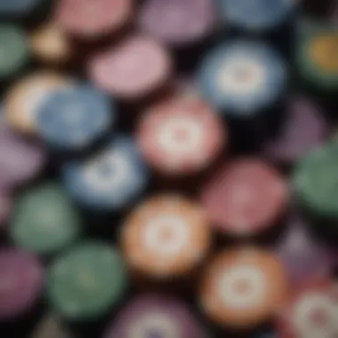 Close-up of poker chips in distinct colors representing different values