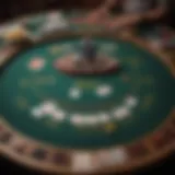 An intricate layout of a Texas Hold'em table with chips and cards