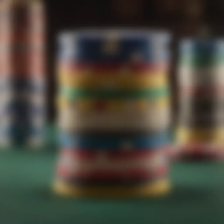 A close-up of colorful casino chips stacked strategically.