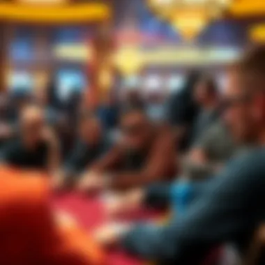 A diverse group of avid poker players engaged in a heated match during a WSOP event.