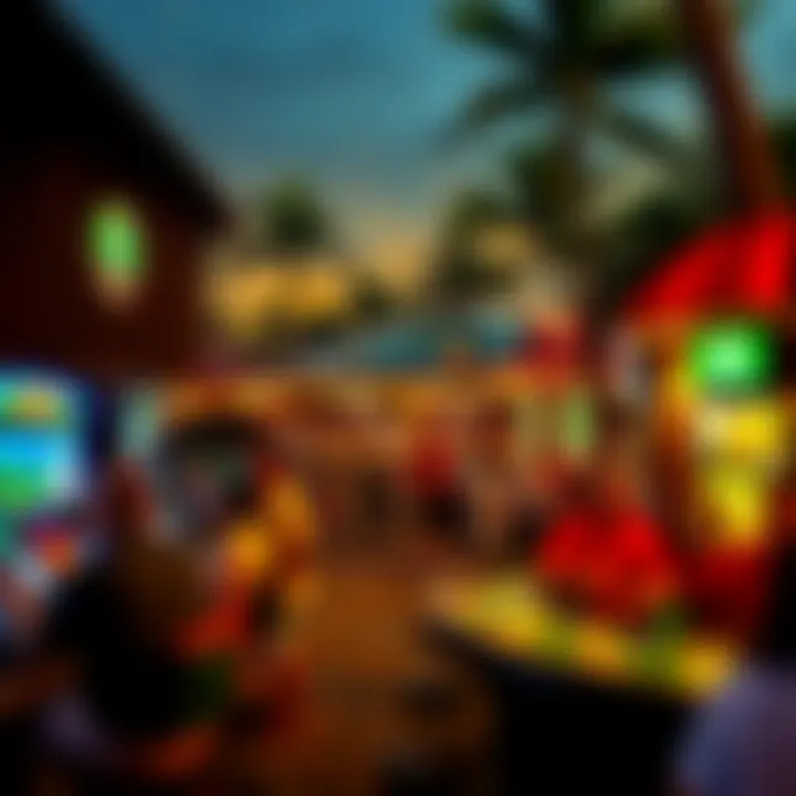 Tourist Activities in a Hawaiian Resort A vibrant tourist resort in Hawaii, bustling with visitors enjoying various activities