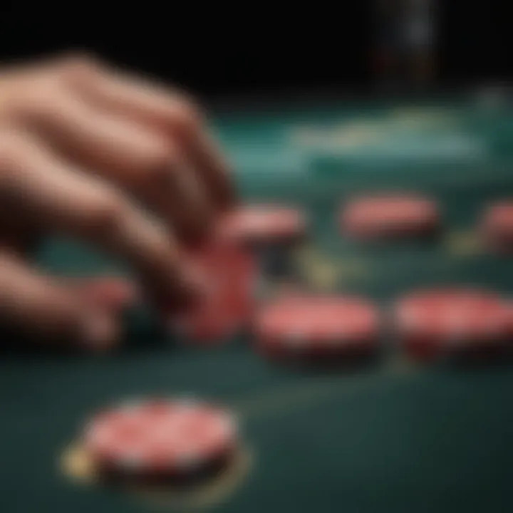 Close-up of poker chips and cards on a digital interface