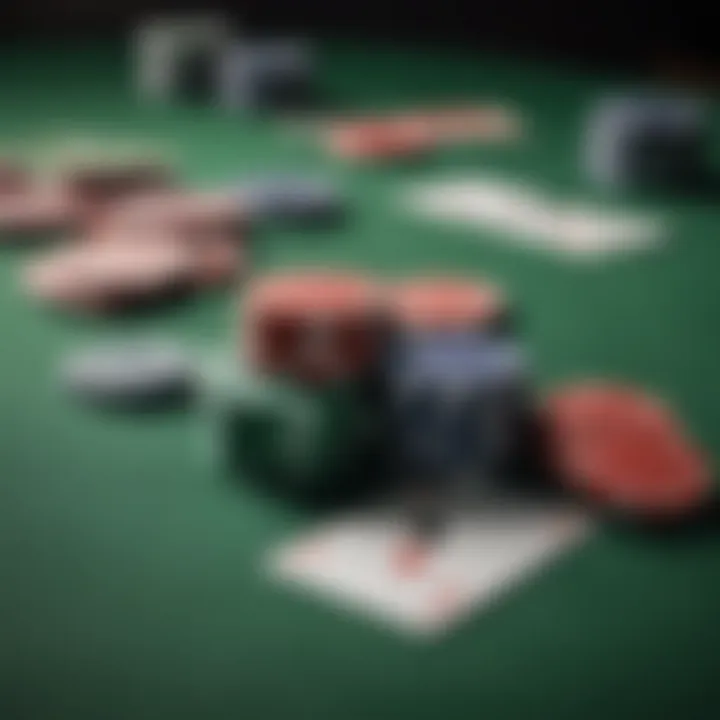 Close-up of poker chips and cards on a green felt table