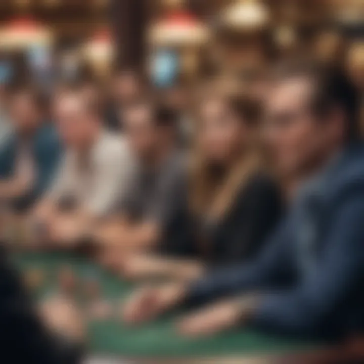 A vibrant scene of spectators watching a poker tournament unfold at the casino.