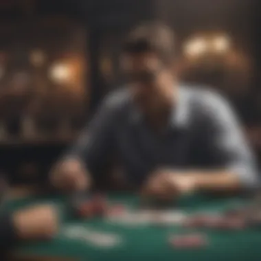 A strategic poker player analyzing chips and cards before making a decision