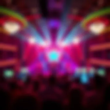 Entertainment stage with vibrant lights and a lively crowd